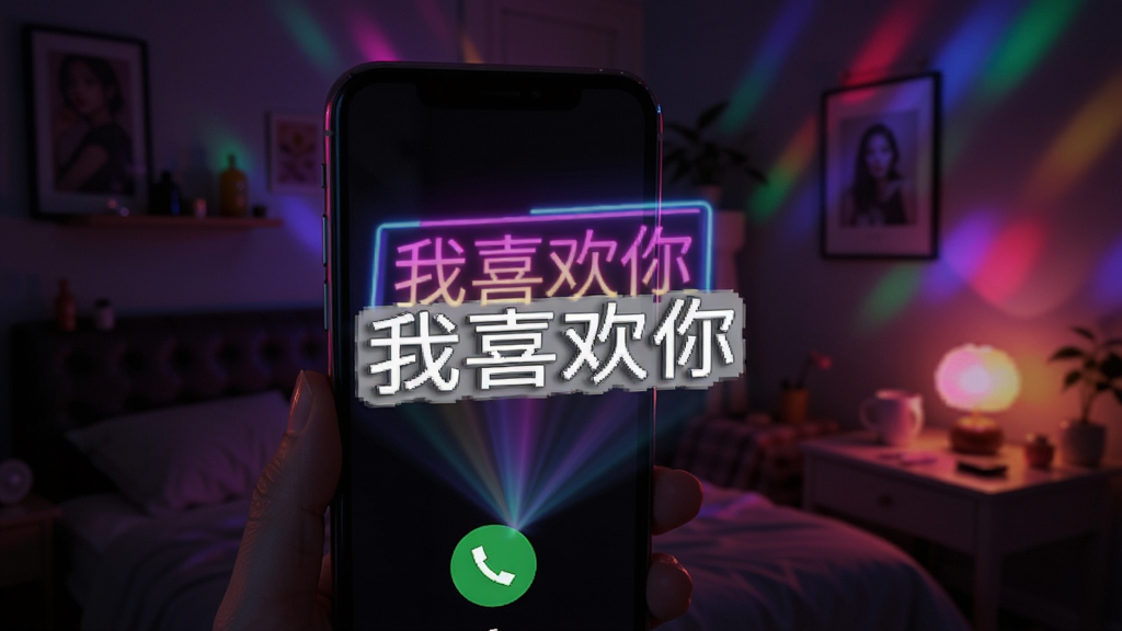 手机来电闪光氛围工具演示图,手机屏幕投射出霓虹灯效果和弹幕文字“我喜欢你”,背景为昏暗的房间,灯光炫彩,构图以手机屏幕为主,画面活泼,画质清晰,干净无多余元素