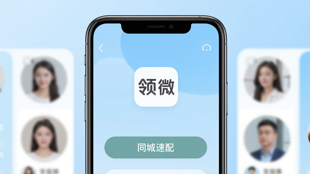 领微APP界面展示,智能匹配页面,手机屏幕居中,左右两侧有模糊的用户头像卡片,背景为干净的浅蓝色渐变,扁平化设计风格,清晰显示“领微”LOGO和“同城速配”按钮,高画质,干净无多余元素