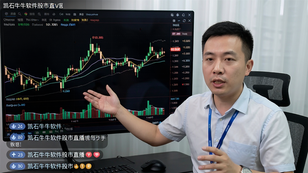 凯石牛牛软件股市直播界面,专业投顾正在视频讲解K线图,屏幕下方有弹幕互动,风格写实清晰,干净无多余元素