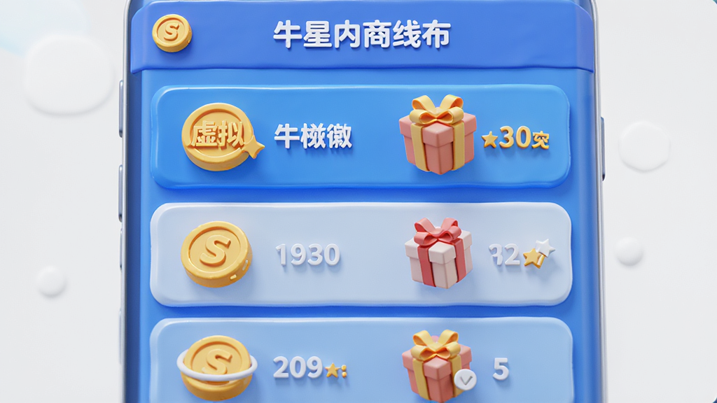 牛启星应用内积分商城兑换界面,主体展示虚拟金币与心愿礼物图标,布局为列表形式,排版清晰,3D渲染风格,色彩鲜艳,细节有礼物盒与积分数字,画质高清,背景干净无多余元素