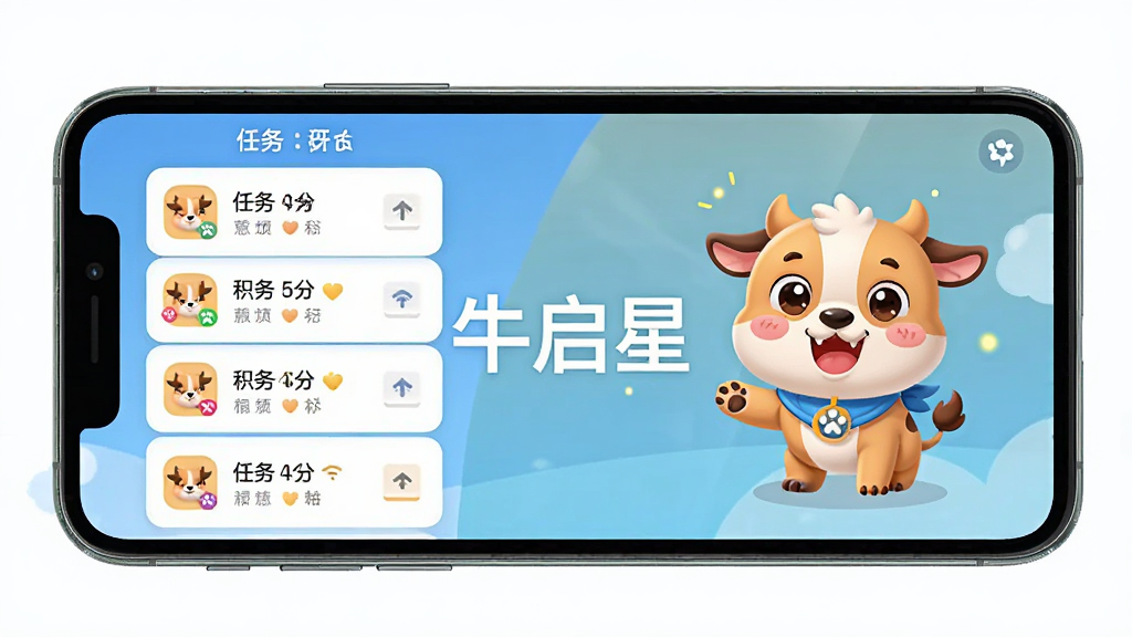 牛启星APP界面设计展示,包含电子宠物卡通形象与积分任务列表,主体为手机应用界面截图风格,布局清晰,左侧显示任务,右侧显示宠物动画,排版整洁,扁平化UI设计风格,色彩明快,细节丰富,画质高清干净,无多余元素,屏幕中央显示“牛启星”字样