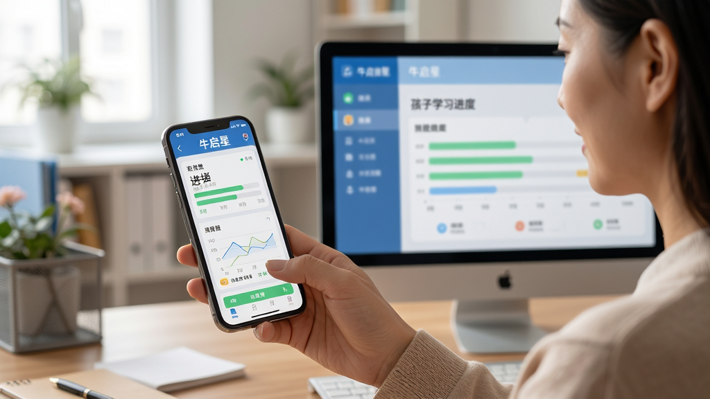 一位家长在办公室通过手机查看牛启星应用中的孩子学习进度图表,主体为手机和电脑屏幕,布局显示家长操作场景,排版自然,写实风格,画面温馨,细节包括屏幕上的进度条,画质清晰干净