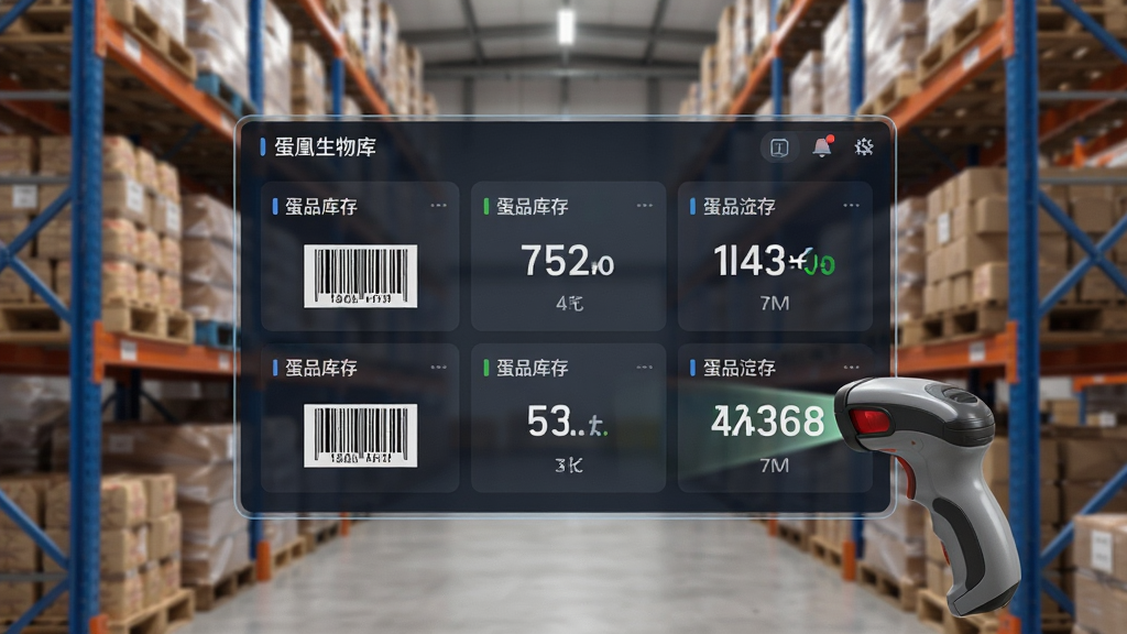 蛋凰生物库存监控界面截图,主体为仓库货架背景,前方悬浮着数字看板,显示各类蛋品库存数量,布局居中,风格写实结合UI,细节包括条形码与扫描枪,画质锐利,干净无杂物
