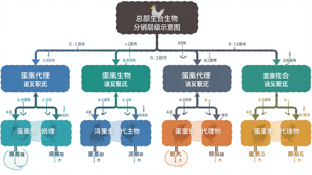 蛋凰生物分销层级示意图,主体为树状图布局,从总部延伸至各级代理节点,每个节点用不同颜色区分,风格扁平化设计,细节包含箭头与数据标签,画质清爽,无多余元素