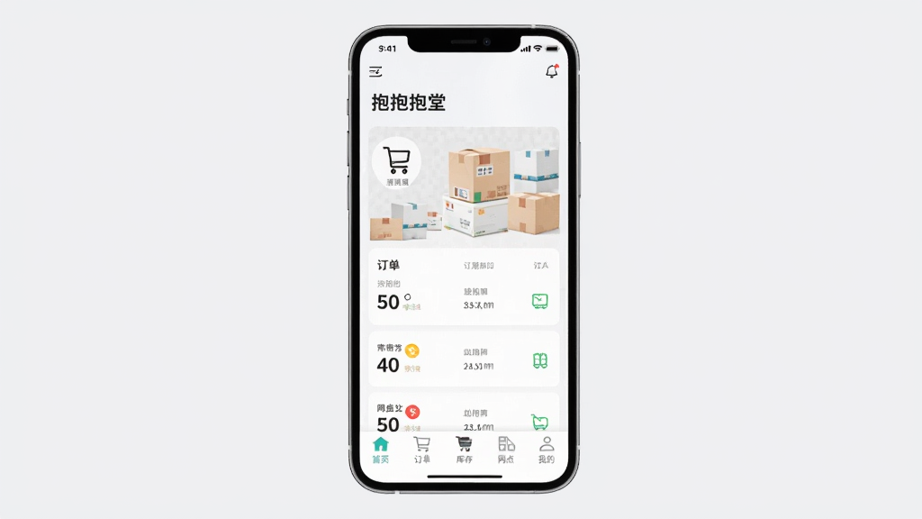 抱抱堂APP界面截图,展示首页、订单、库存、网点和我的五个底部导航栏,手机居中,背景浅灰,UI设计简洁现代,文字清晰,界面干净明亮,高画质