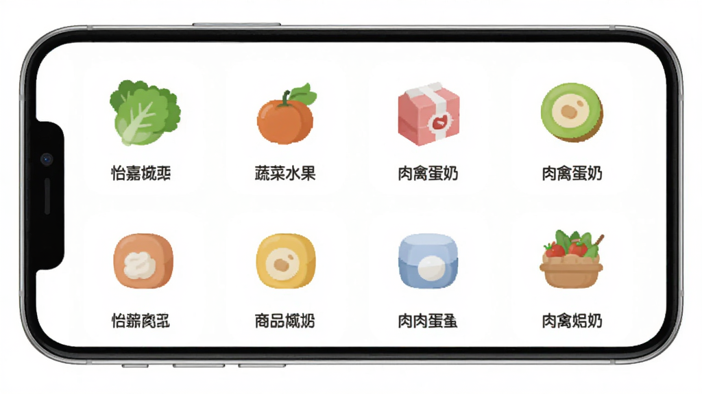 ���ι�ʳƷ�̳�App��Ʒ����ҳ�棬��ʾ�߲�ˮ�������ݵ��̵�ͼ�꣬����Ϊ�ֻ����棬�������񻯣��Ű����룬����ƽ��ϸ��Բ�󣬻��ʸɾ����޶���Ԫ��