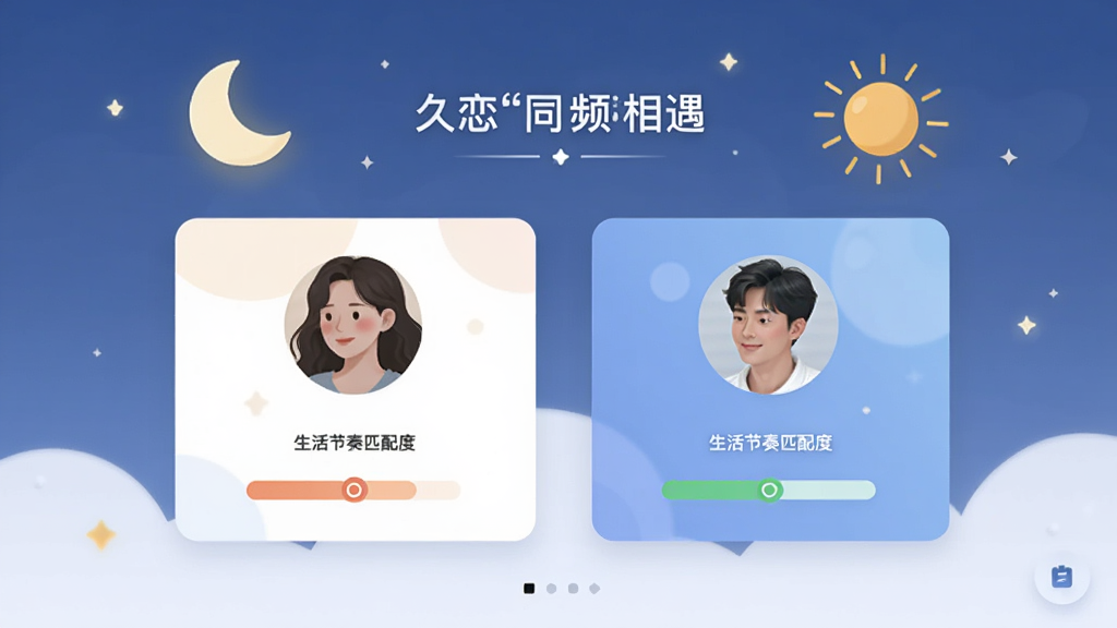 久恋“同频相遇”功能界面展示,两张用户卡片对比显示生活节奏匹配度,背景有月亮与太阳图标,界面简洁,扁平化风格,高画质,干净