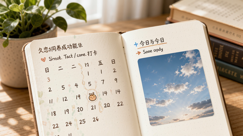 久恋“共同养成”功能记录页面,显示连续打卡日历与今日天空照片,背景有绿植与书本元素,手帐风格,温暖自然,高画质,干净无多余元素