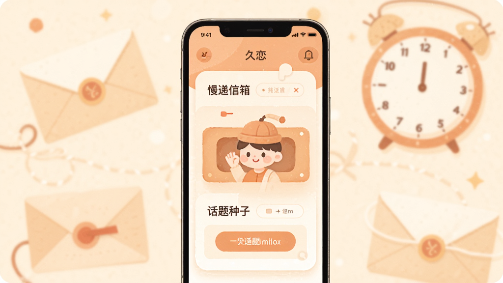 久恋应用主界面,展示慢递信箱与话题种子功能,柔和暖色调,扁平插画风格,手机居中,背景有信件与时钟元素,干净清新,高画质