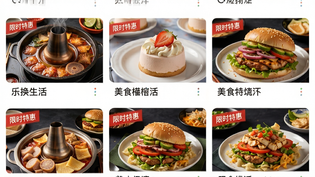 �ֻ�����APP��ʳ�Ż�ҳ�棬����Ϊ������ʳͼƬƴ����չʾ�������Ʒ����͵�Ʒ�࣬���ֲ����ٲ���ʽ���У��Ű�������죬���������Ȼ��ϸ���С���ʱ�ػݡ���ɫ��ǩ�����ʸ���ɾ��޶���Ԫ��