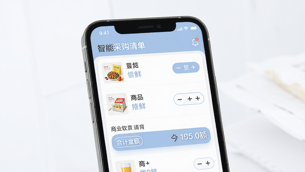 壹尝鲜软件智能采购清单界面设计,主体为手机屏幕展示清单列表,布局清晰,排版整洁,风格现代简约,细节包括商品数量加减按钮和合计金额,画质高清,干净无多余元素