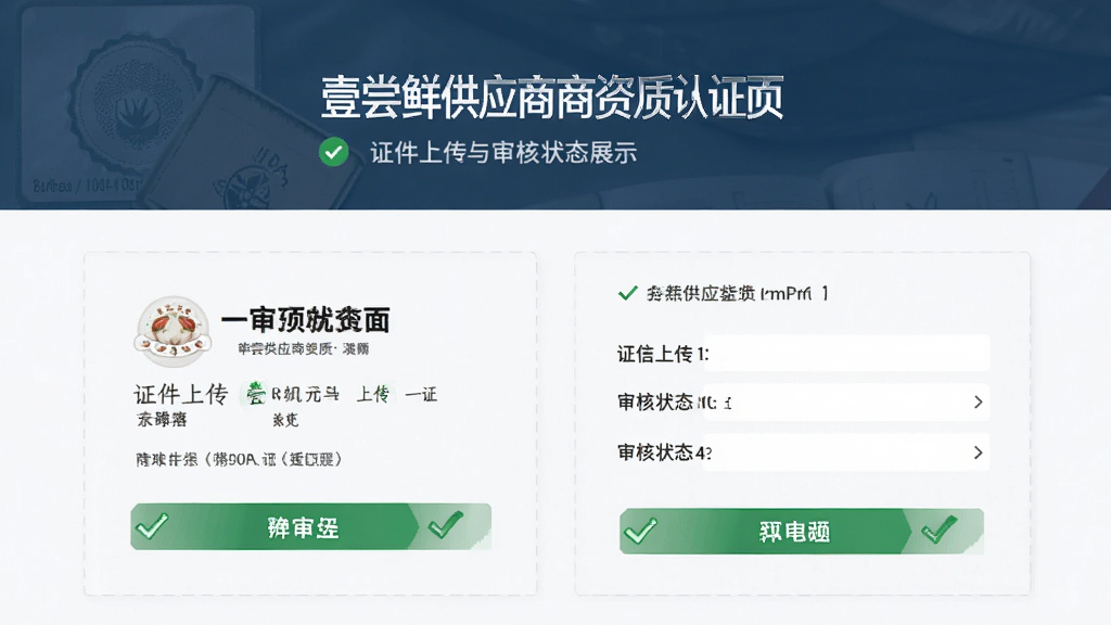 壹尝鲜供应商资质认证页面,主体为证件上传与审核状态展示,布局直观,排版有序,风格严谨,细节包括绿色对勾标识,画质干净,无多余元素
