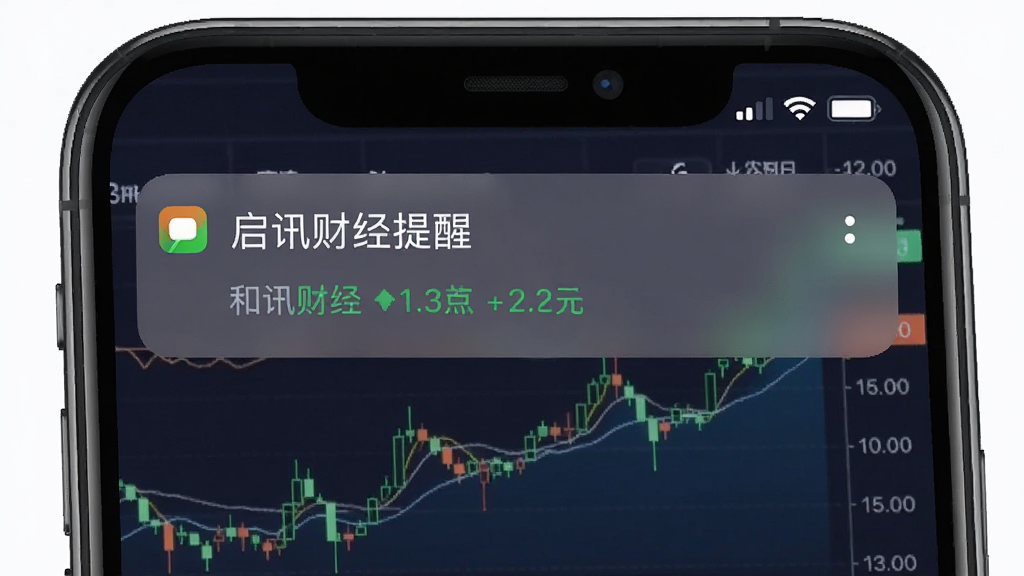 手机通知栏显示和讯财经股价提醒消息,简洁明了的界面,背景为股票走势图,风格写实,干净无多余元素