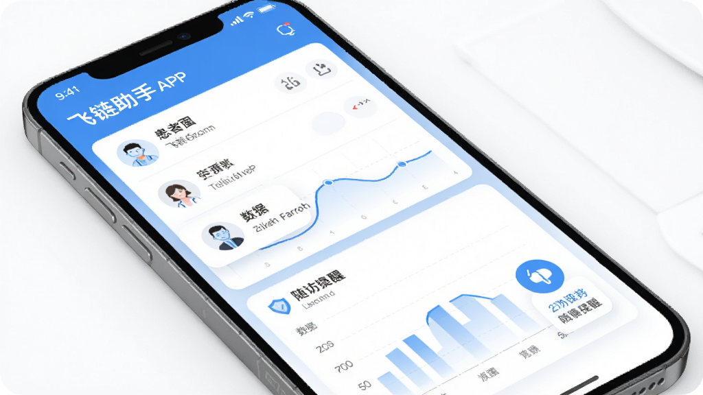 飞链助手APP功能界面设计示意图,主体为智能手机屏幕展示患者列表和图表数据,布局清晰,排版采用卡片式模块,风格简洁现代,医疗蓝白色调,细节包含数据曲线与随访提醒图标,画质高清干净无多余元素