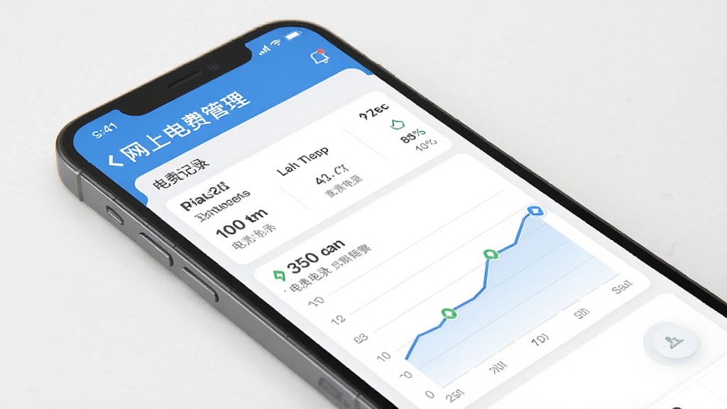 网上电费管理 手机界面 显示电费记录与趋势图表,界面简洁清晰,现代扁平化风格,高分辨率,画质干净,无多余元素