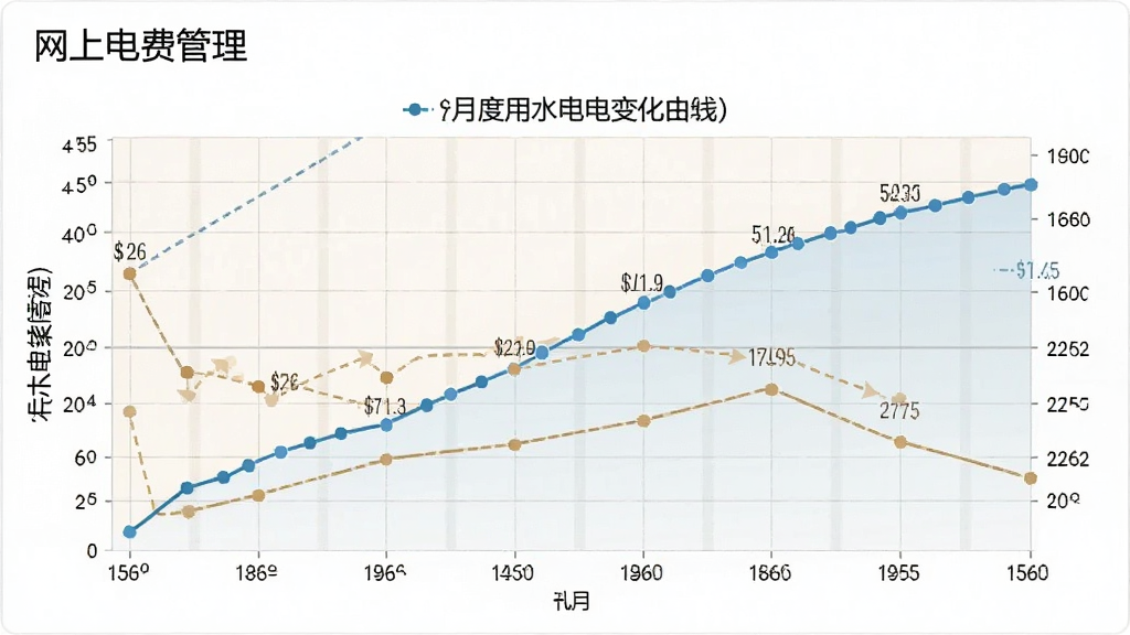 网上电费管理 数据图表 展示月度用水用电变化曲线,背景为浅色网格,风格简洁专业,高清晰度,画质干净