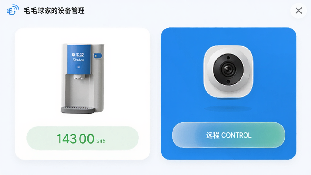 毛球在家设备管理界面,展示智能饮水机与摄像头卡片,状态清晰,远程控制按钮醒目,蓝色主调,干净无多余元素