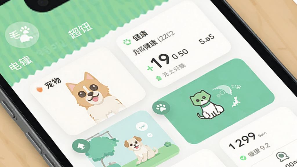 毛球在家App主界面,展示宠物健康数据卡片,布局清晰,色彩明亮,扁平化风格,干净无多余元素