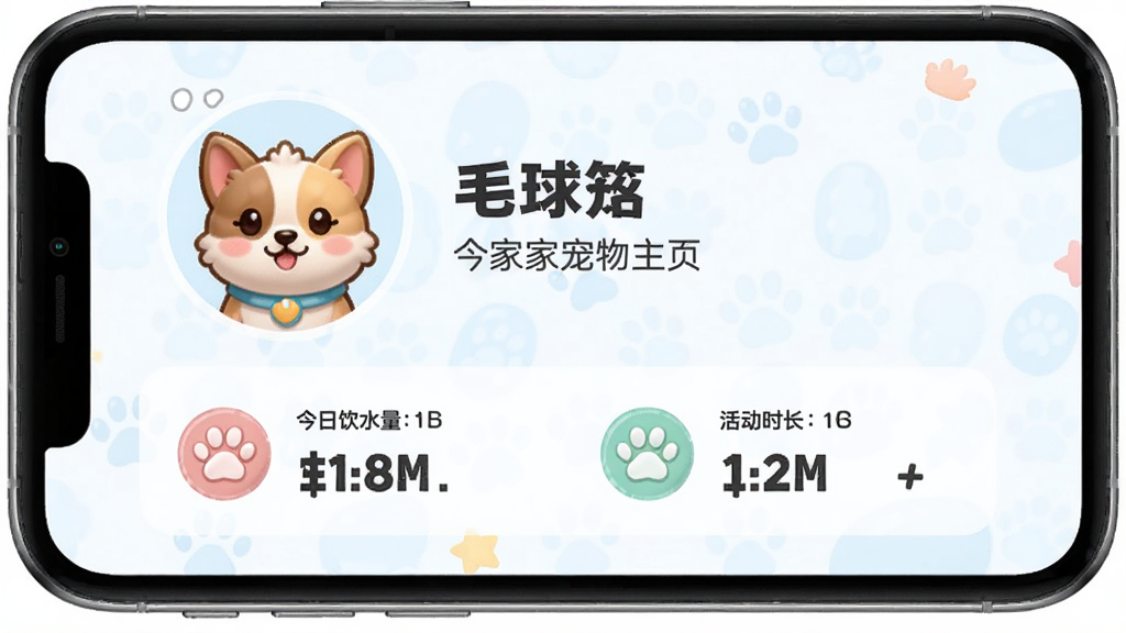 毛球在家宠物主页界面,显示宠物头像、名字、今日饮水量与活动时长,配以可爱图标,简洁排版,浅色背景,高清画质