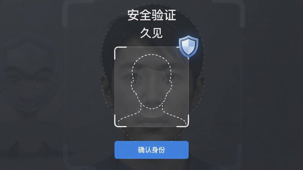 主体:久见应用的安全验证页面,展示人脸识别框和盾牌图标;布局:人脸识别框居中,背景为深灰色半透明,上下分别有“安全验证”和“久见”字样;排版:垂直居中,风格:写实与UI结合;细节:识别框内有虚线人像轮廓,屏幕下方有“确认身份”按钮;画质:清晰,干净,无多余元素