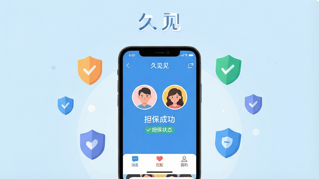 主体:久见应用的担保交友界面,展示双方头像和担保状态;布局:中央偏上放置手机主界面,周围有悬浮的信任徽章和安全盾牌图标;排版:简洁对称,背景为淡蓝色渐变,主标题“久见”置于顶部;风格:现代扁平插画风,色彩明快;细节:手机屏幕内显示“担保成功”字样,界面有消息、匹配、我的三个底部标签;画质:高清,干净,无多余元素