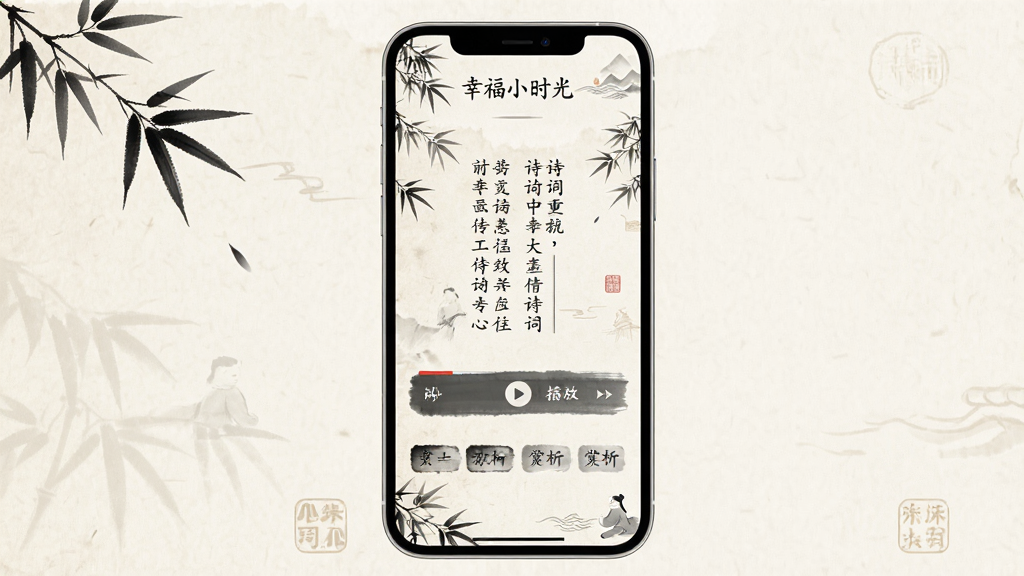 一幅古典水墨风格的手机应用界面插图,主体为“幸福小时光”APP的诗词详情页,布局清晰展示诗词原文、音频播放条和四个赏析标签按钮,排版典雅,风格古风简约,细节包括竹叶边框和宣纸纹理,画质高清干净,无多余元素