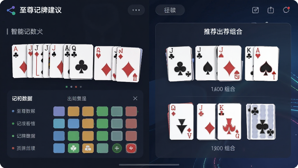 至尊记牌器主界面展示智能出牌建议功能,界面布局清晰,左侧展示牌面与记牌数据,右侧显示推荐出牌组合,风格简洁现代,色彩明快,画质细腻,无多余元素