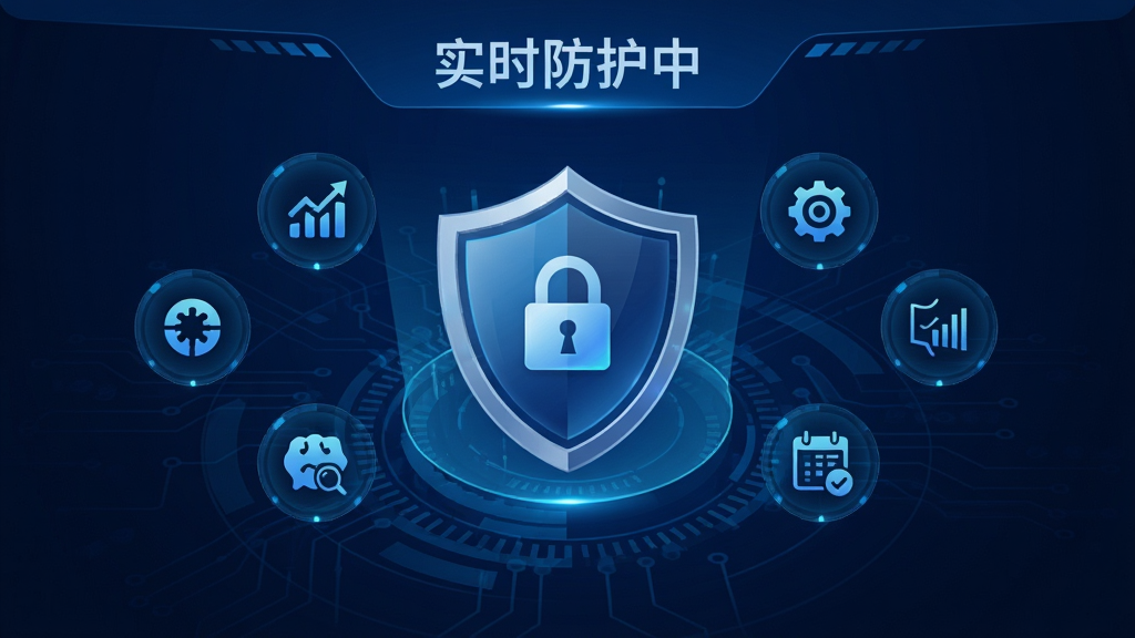 至尊记牌器安全防护界面,以盾牌图标为核心,周围环绕数据监控图标,背景为深蓝色科技感设计,文字标注“实时防护中”,画质清晰,风格专业,无多余元素