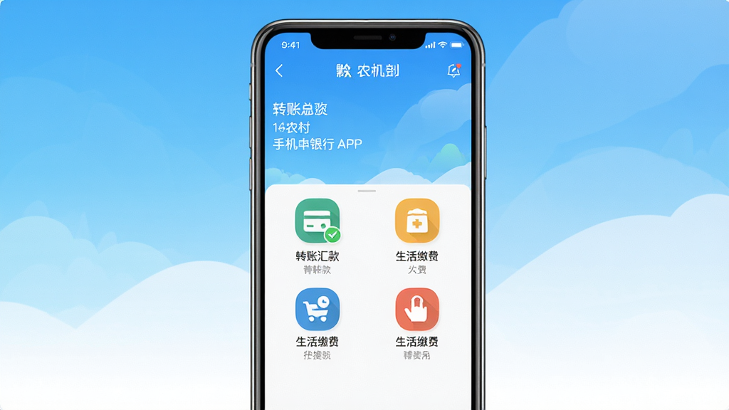 黔农村银手机银行APP界面展示,智能手机屏幕显示账户总览、转账汇款、生活缴费等图标,背景为清爽的蓝白渐变,画面居中,扁平化设计,UI界面清晰,色彩明亮,高画质,干净无多余元素