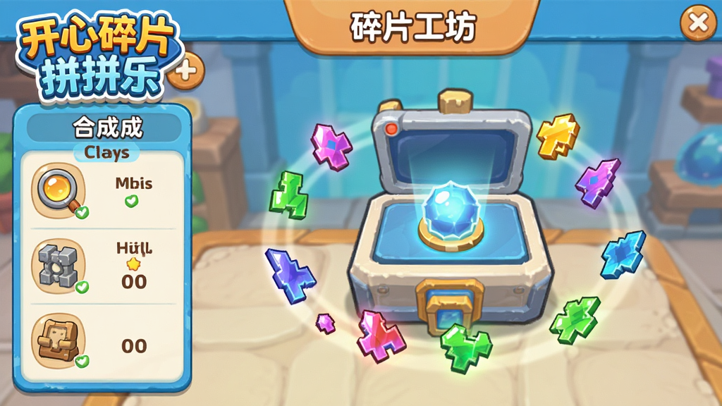 ��Ϸ�ڡ���Ƭ���������棬������һ���ϳ�̨����ΧƯ���Ÿ��ֲ�ɫ��Ƭ�������ʾ�ϳ��䷽������ɫ��������UI���ͨ������������Ƭƴƴ�֡���ʶ�����ʸɾ���