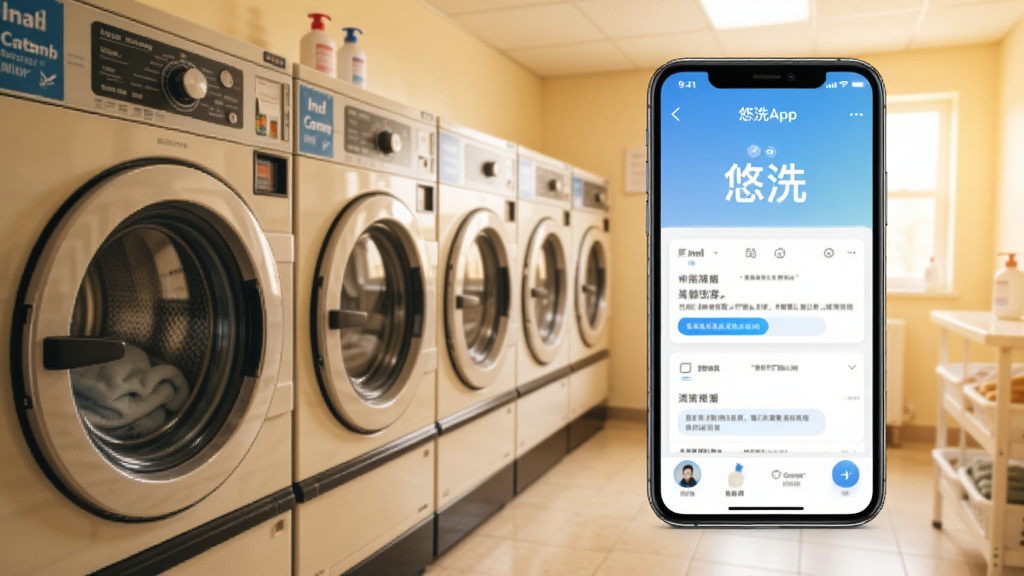 手机展示悠洗App预约界面,背景是宿舍楼洗衣房,多台洗衣机整齐排列,明亮光线,画面清晰,干净无杂物,暖色调,无多余元素