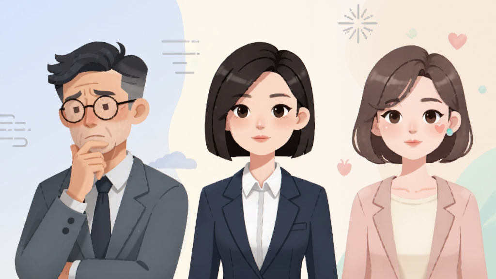 锦宿Xiu三位AI伙伴虚拟形象并排展示,左侧存在主义风格沉思者,中间职场教练干练形象,右侧情绪体验温柔风格,背景淡雅,人物半身像,扁平插画风,色彩柔和,干净背景,高画质