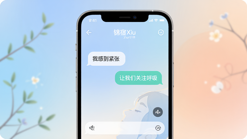 锦宿Xiu情绪对话界面,手机屏幕展示与AI伙伴聊天,气泡内容为“我感到紧张”,AI回复“让我们关注呼吸”,背景柔和渐变,手机居中,干净UI,高画质