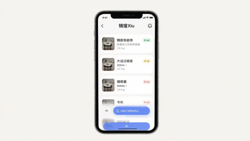 锦宿Xiu应用界面展示,手机屏幕显示内容列表和AI对话按钮,主体为手机模型居中,浅色背景,干净整洁,UI扁平化设计,高画质,无多余元素