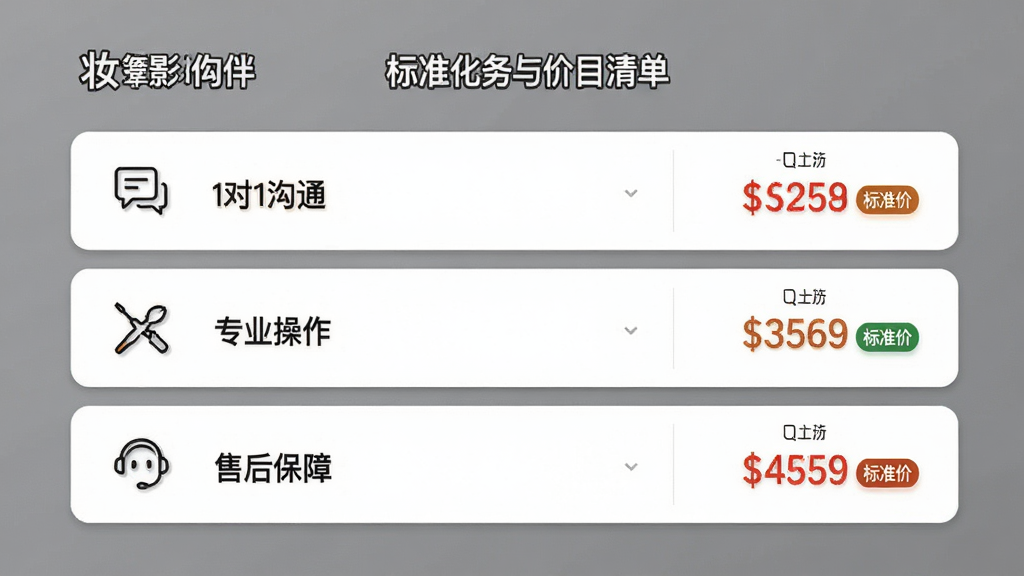 主体:妆影伙伴app的服务项目详情页,展示标准化服务流程与价格清单。布局:列表式布局,服务步骤图标化,价格透明展示。排版:清晰有序,价格用醒目颜色标注。风格:简约商务风,灰色背景,白色卡片。细节:服务步骤有“1对1沟通”、“专业操作”、“售后保障”等,价格旁有“标准价”标签。画质:高清,干净,无多余元素。