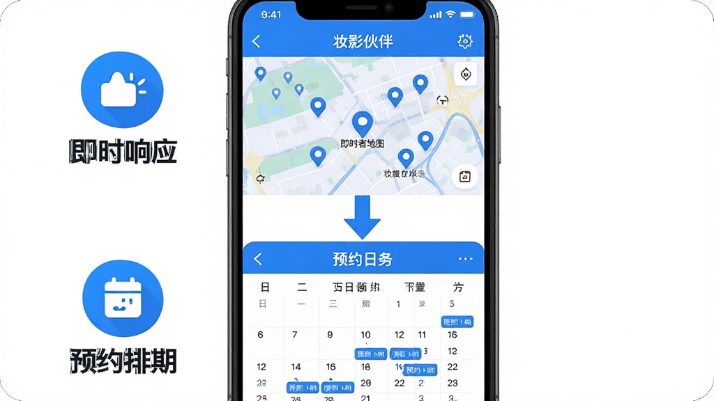 主体:妆影伙伴app的“即时服务”和“预约服务”双模式切换界面。布局:上下结构,上方为即时服务地图,下方为预约日历,用箭头连接。排版:图标鲜明,文案“即时响应”、“预约排期”突出显示。风格:清爽UI,蓝白主色调。细节:地图上显示服务者位置点,日历上标注可预约时段。画质:清晰,干净,无多余元素。
