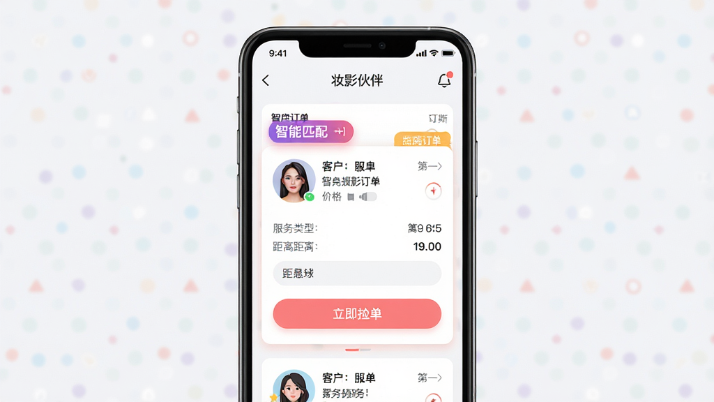 主体:智能手机屏幕展示妆影伙伴app的智能订单匹配界面,高亮显示推荐的摄影订单卡片。布局:手机居中,界面清晰,订单卡片排列整齐,背景简洁。排版:信息层级分明,重点突出“智能匹配”标签。风格:现代扁平化UI设计,色彩明快。细节:订单卡片显示客户头像、服务类型、距离、价格,并配有“立即抢单”按钮。画质:高清,干净,无多余元素。