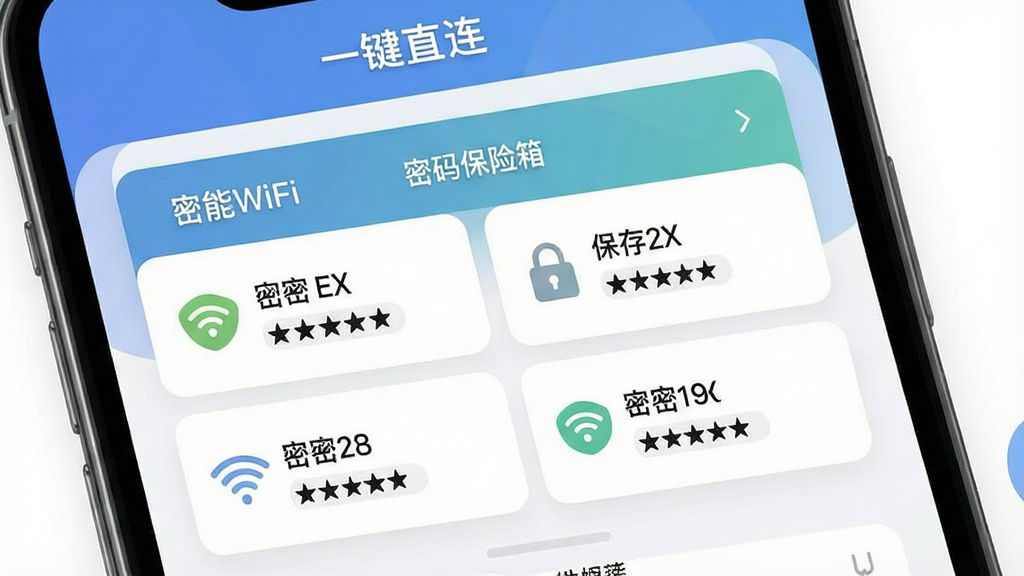 һ��չʾ����WiFiһ��ֱ���������ֻ���̨���еĽ��棬�ص�ͻ�������뱣���䡱����ģ�飬������ÿ�Ƭʽ��ƣ���ʾ�����ѱ����WiFi���ƺͼ��ܵ������Ǻţ����Ϊ��ƽ����ƣ�ɫ�ʴ������ʣ��������������ֺ��������ֱ�ע����������������ʸ���