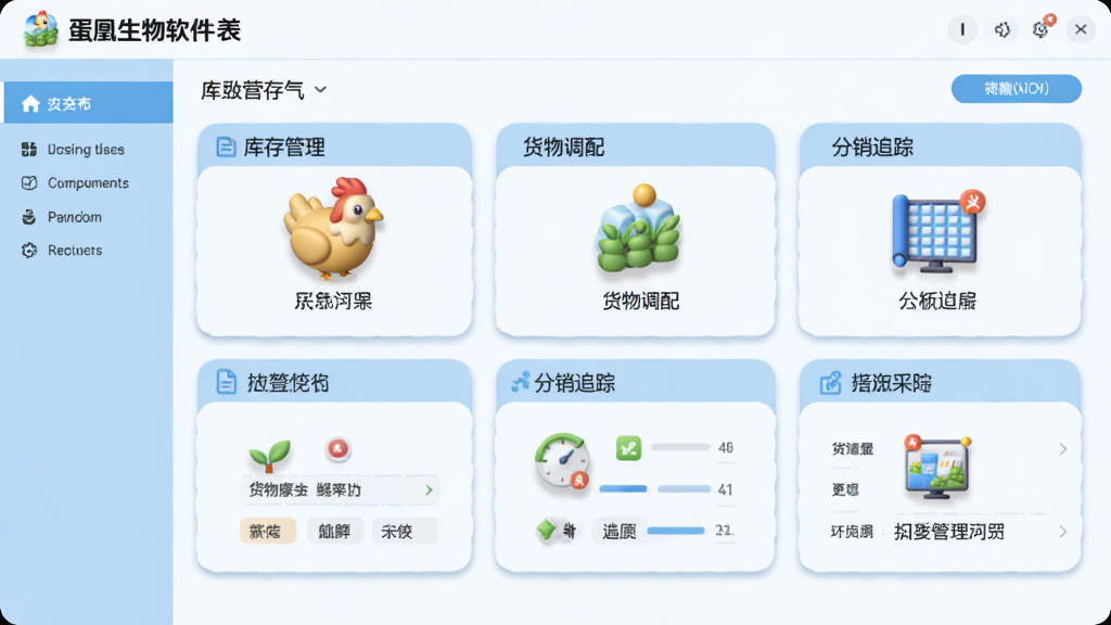 蛋凰生物软件主界面,展示库存管理、货物调配、分销追踪等核心功能模块,界面简洁清晰,采用浅蓝色和白色为主色调,图标立体,布局合理,适合农业管理软件风格,画质干净,无多余元素。