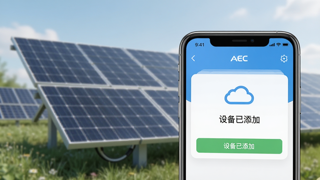 AEC Cloud 手机界面显示设备绑定成功,背景是家庭光伏电站,前景有手机特写,界面有“设备已添加”提示,整体风格明亮简洁,UI清爽,细节清晰,画质干净无多余元素