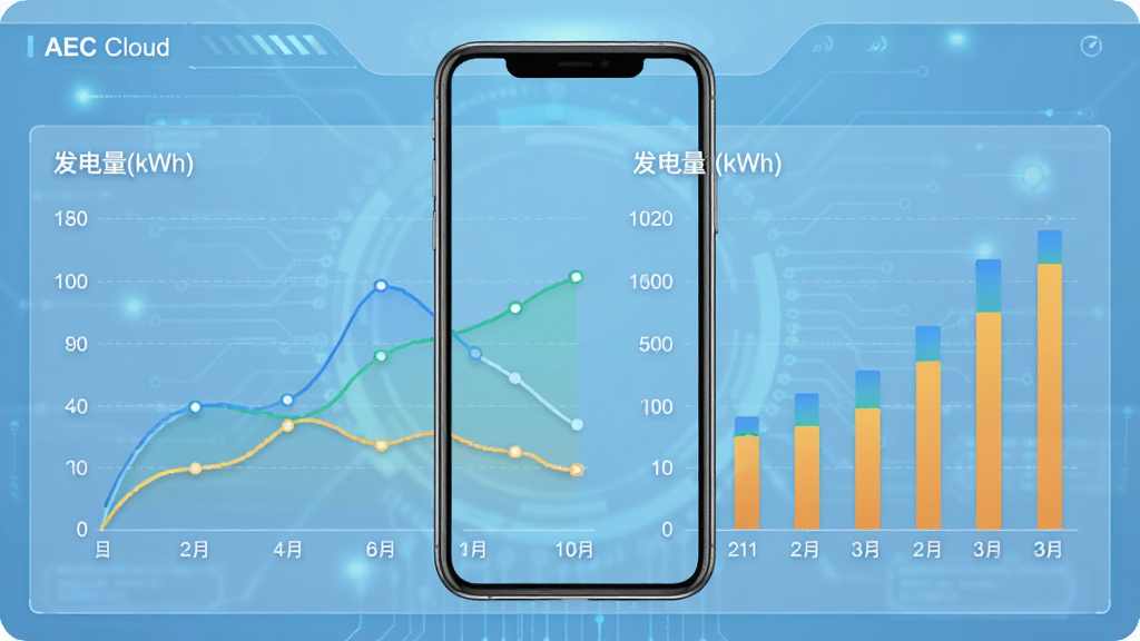 AEC Cloud 历史数据图表页面,包括折线图和柱状图,显示发电量与用电量曲线,背景为淡蓝色科技感界面,手机屏幕居中,排版清晰,文字标注“发电量(kWh)”,风格现代简约,画质精细干净