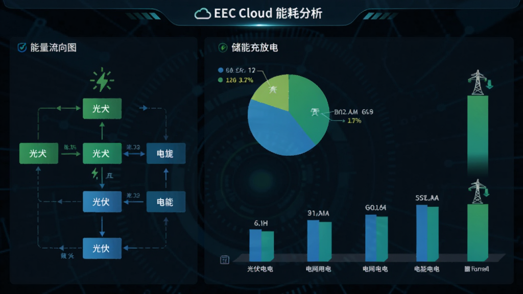 AEC Cloud 能耗分析饼图与柱状图,展示光伏发电、电网用电、储能充放电比例,界面左侧有能量流向图,整体以绿色和蓝色为主色调,图表清晰,背景为深色科技感,画质高干净