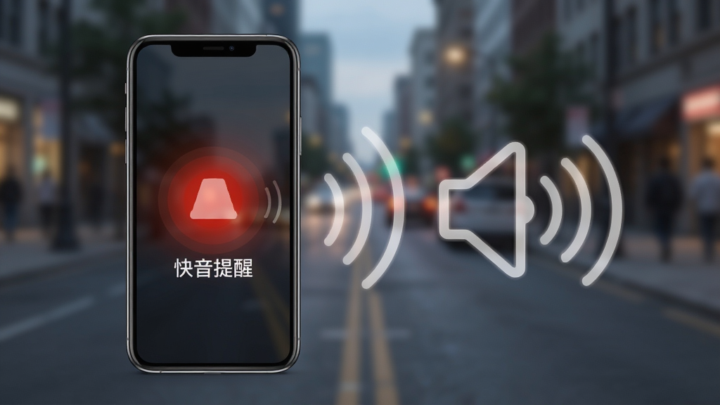 快快挪应用正在发出语音警报的示意图,手机旁边有扬声器图标和声波线条,背景虚化的街道,整体风格写实,突出“语音提醒”特点,画质清晰,无多余元素