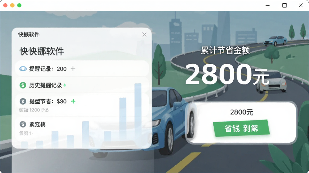 快快挪软件界面显示历史提醒记录和累计节省金额,数据为“2800元”,背景有车辆和道路元素,风格简约明了,突出“省钱”主题,文字清晰,画质干净