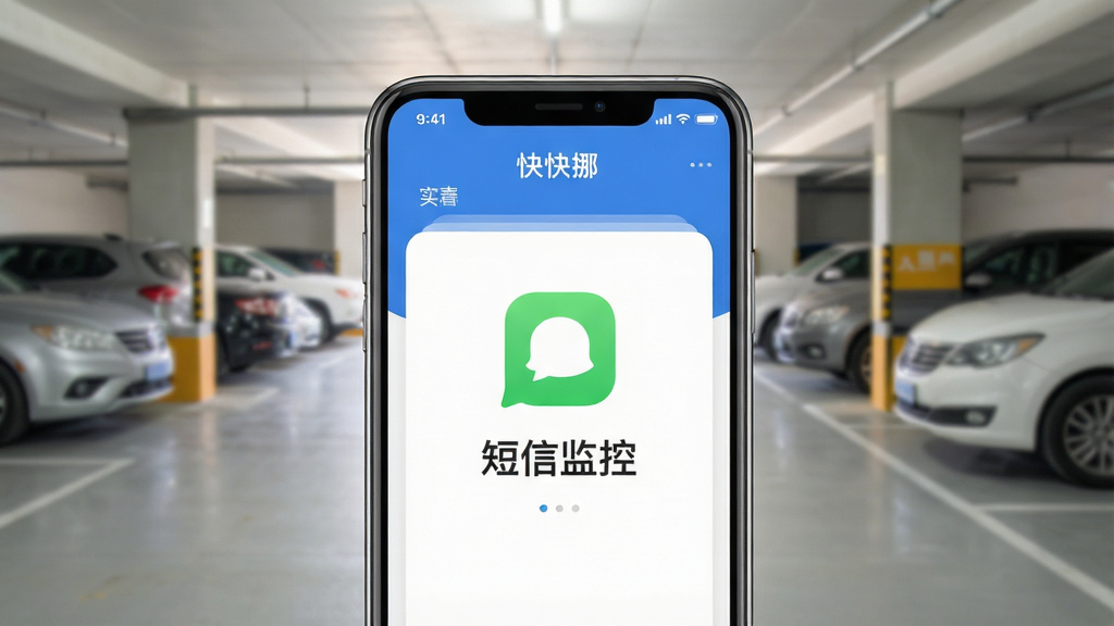 手机屏幕上显示快快挪应用界面,突出“短信监控”功能,背景是停车场,画面清晰明亮,软件界面设计简洁现代,文字标注“实时监控”,画质高清,干净无多余元素