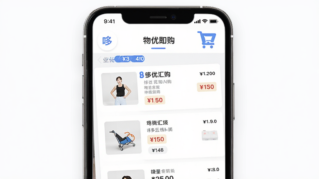 哆优汇购物流程界面设计,主体为手机屏幕展示商品列表和购物车图标,布局清晰,排版简洁,风格现代扁平化,细节包括按钮和价格标签,画质高清干净,无多余元素