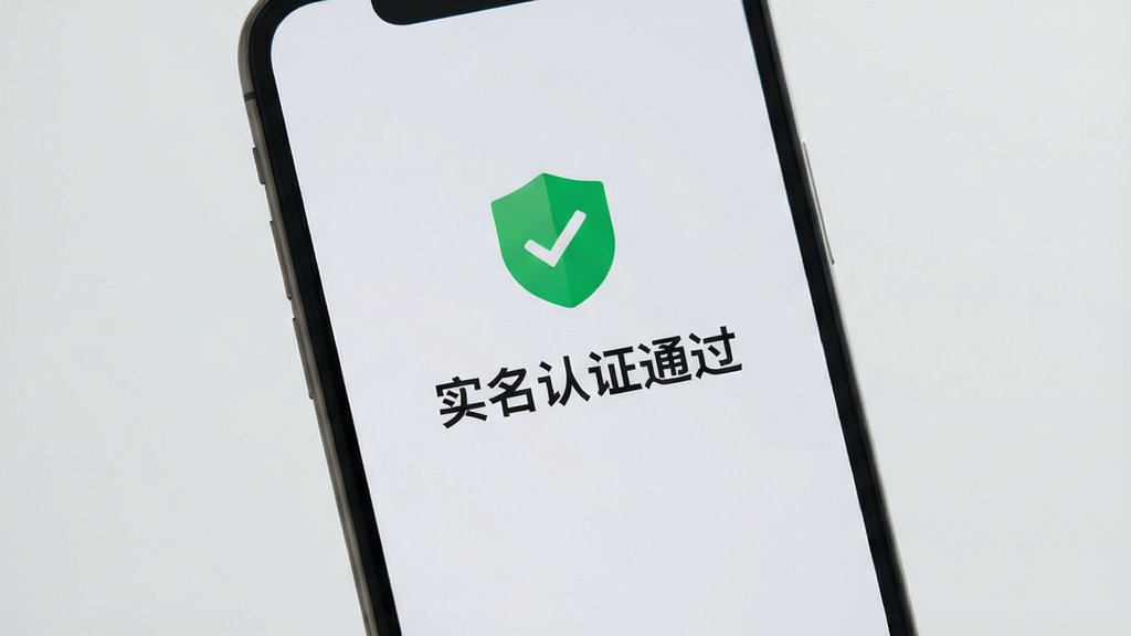 安全认证提示界面,手机屏幕显示“实名认证通过”字样,有绿色盾牌图标,背景为浅灰色,整体风格稳重,文字清晰,无多余元素