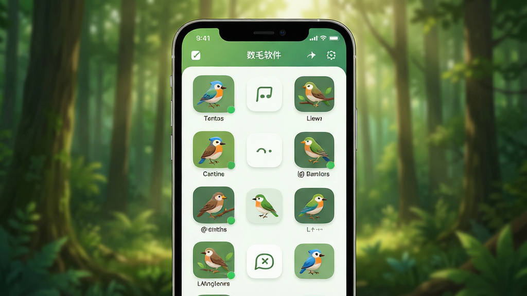 数毛软件主界面展示,手机屏幕显示鸟类图鉴列表,背景为自然森林,界面简洁清晰,图标圆润,色彩明亮,风格清新,画质干净,无多余元素