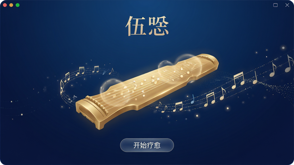 伍软件主界面,主体为深蓝色渐变背景,中央悬浮一个金色的古琴图案,琴弦上泛着柔和光晕,四周环绕着流动的音符粒子,布局简洁,上方显示“伍”二字,下方有“开始疗愈”按钮,整体风格宁静禅意,高清渲染,画质干净,无多余元素