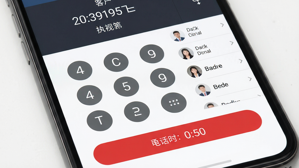�����绰��������չʾ������Ϊ�ֻ���Ļ�ϵĲ�������ͻ��б����������½ṹ���Ϸ���ʾ������ͻ��������·�Ϊ��ɫ���Ű�ť���������Լ����ϸ�ڰ���ͨ��ʱ����ʱ�������ʸ��壬�ɾ����޶���Ԫ��